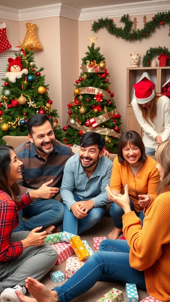 Family enjoying funny Christmas games together, with laughter and festive decorations.